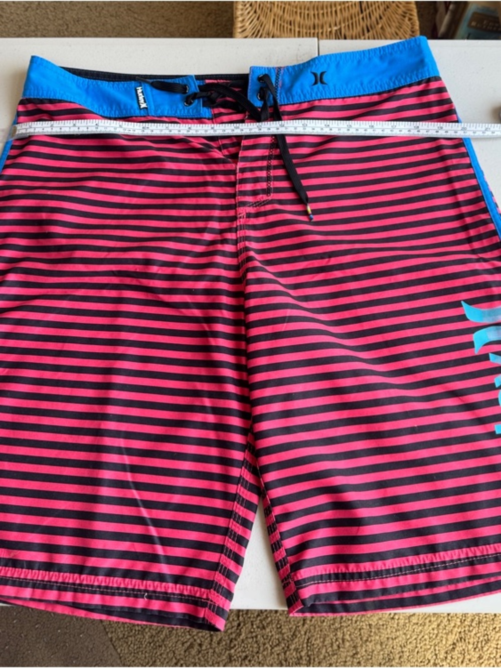 Hurley Coral & Black Striped Men’s Swim Trunks with Blue Waistband